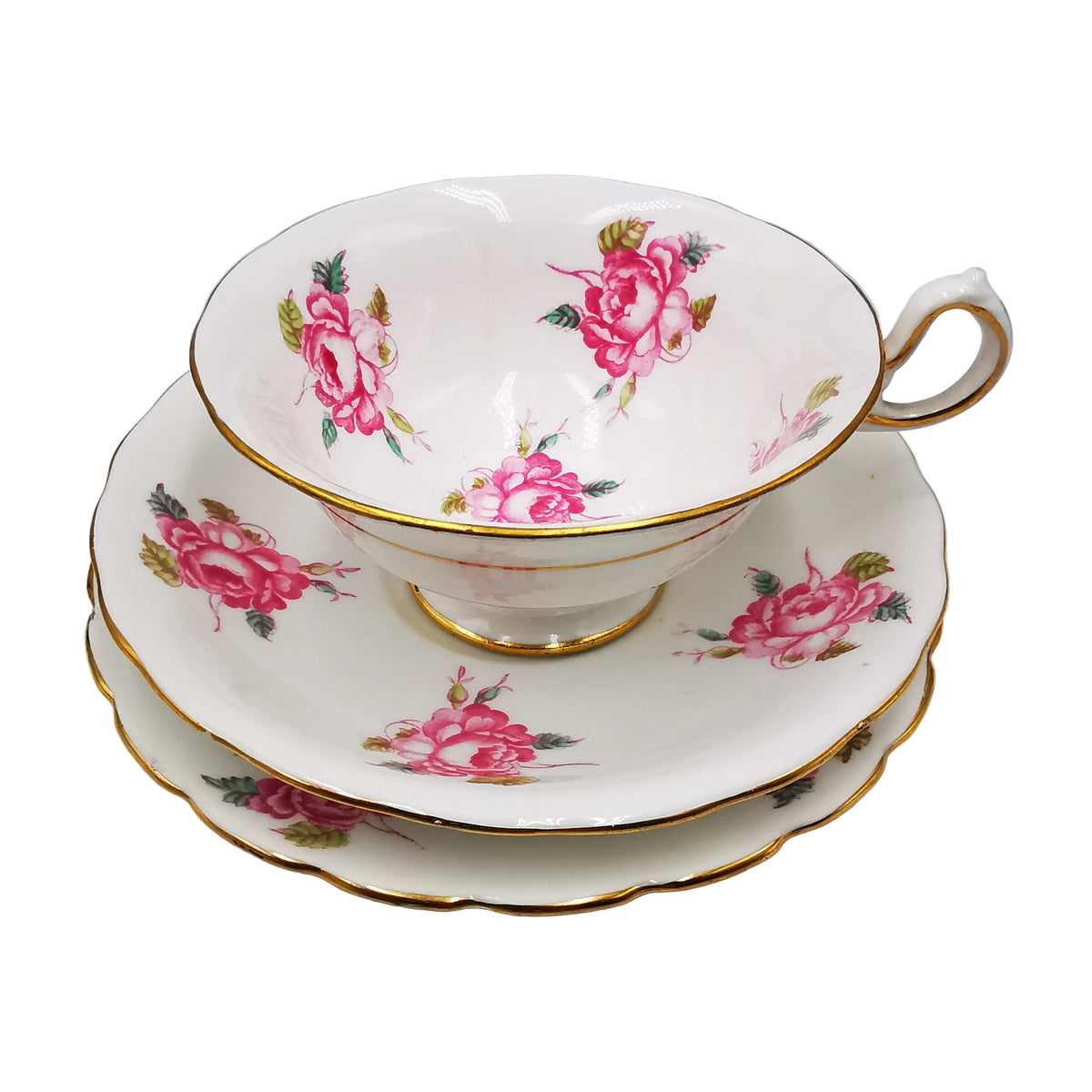 New Chelsea Pink Cabbage Rose Floral China Open Bowl Teacup Trio