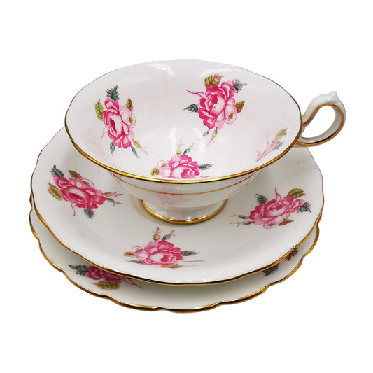 New Chelsea Pink Cabbage Rose Floral China Open Bowl Teacup Trio