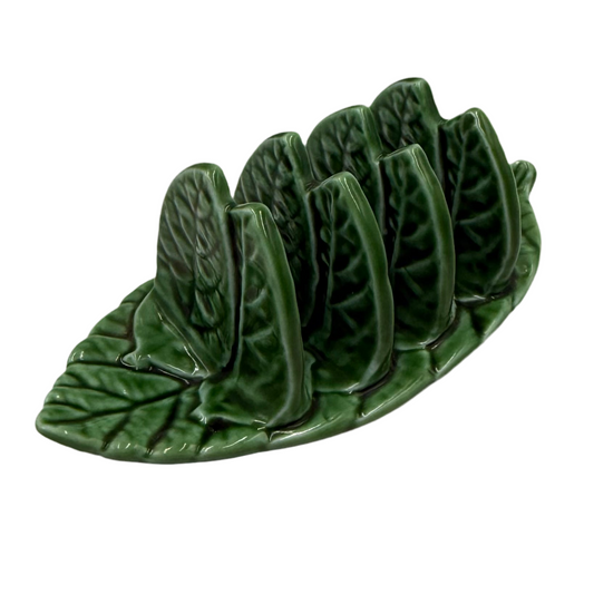 Vintage Portuguese Green Cabbage Leaf Majolica Toast Rack