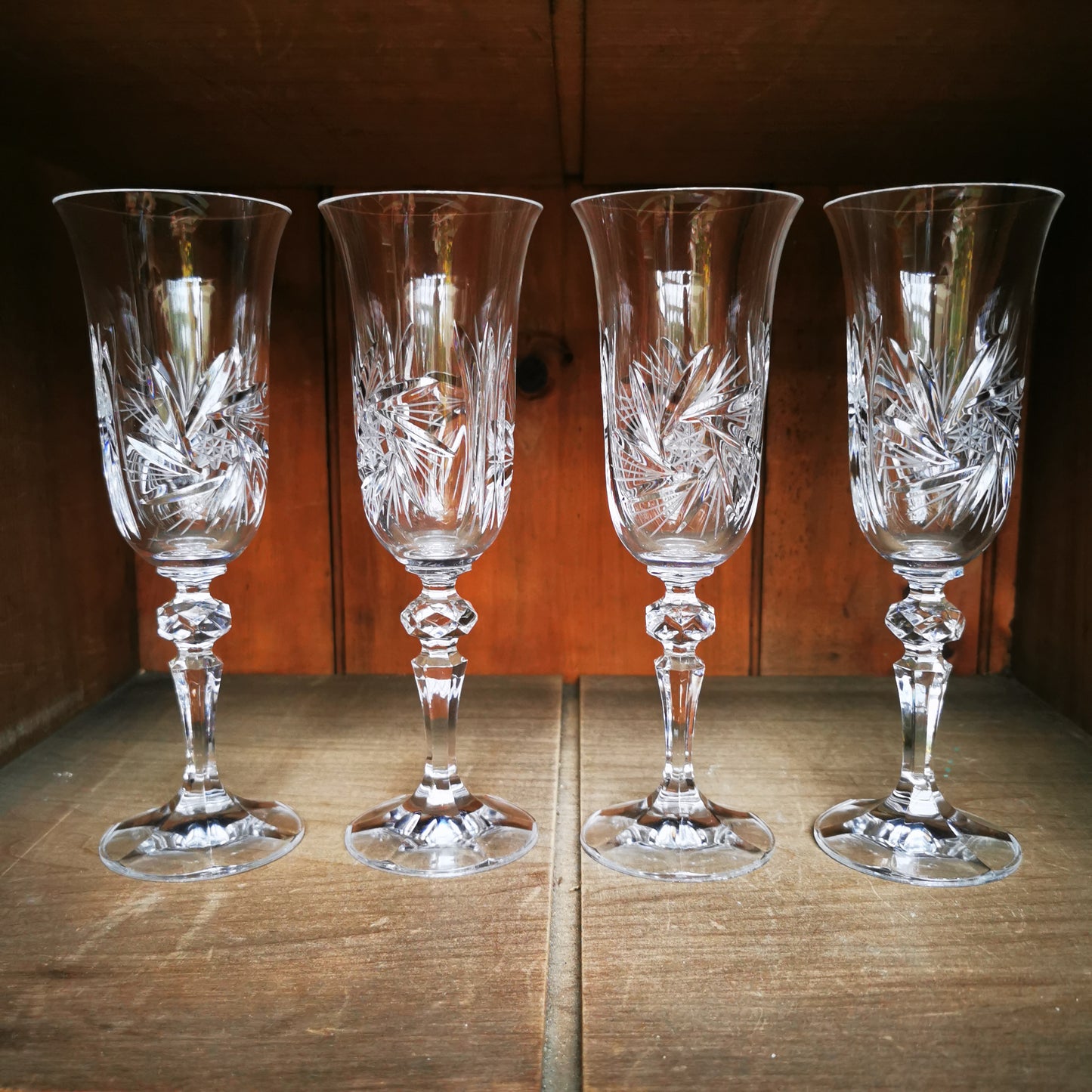 Quality Set of 4 Lead Tall Cut Crystal Champagne Tulip Flute Glasses