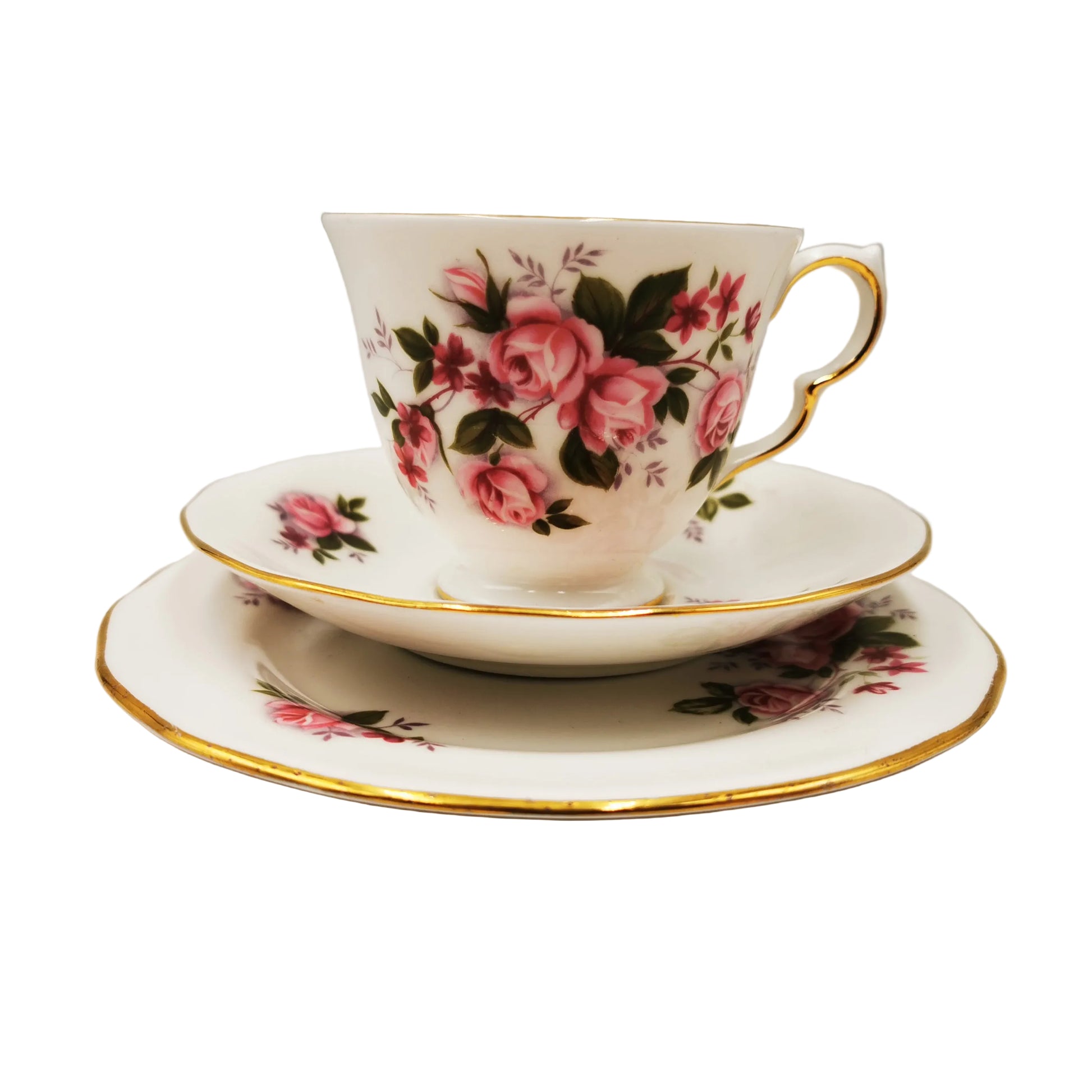 Queen-Anne-Pink-Rose-China-Teacup-Saucer-and-Side-Plate-8575