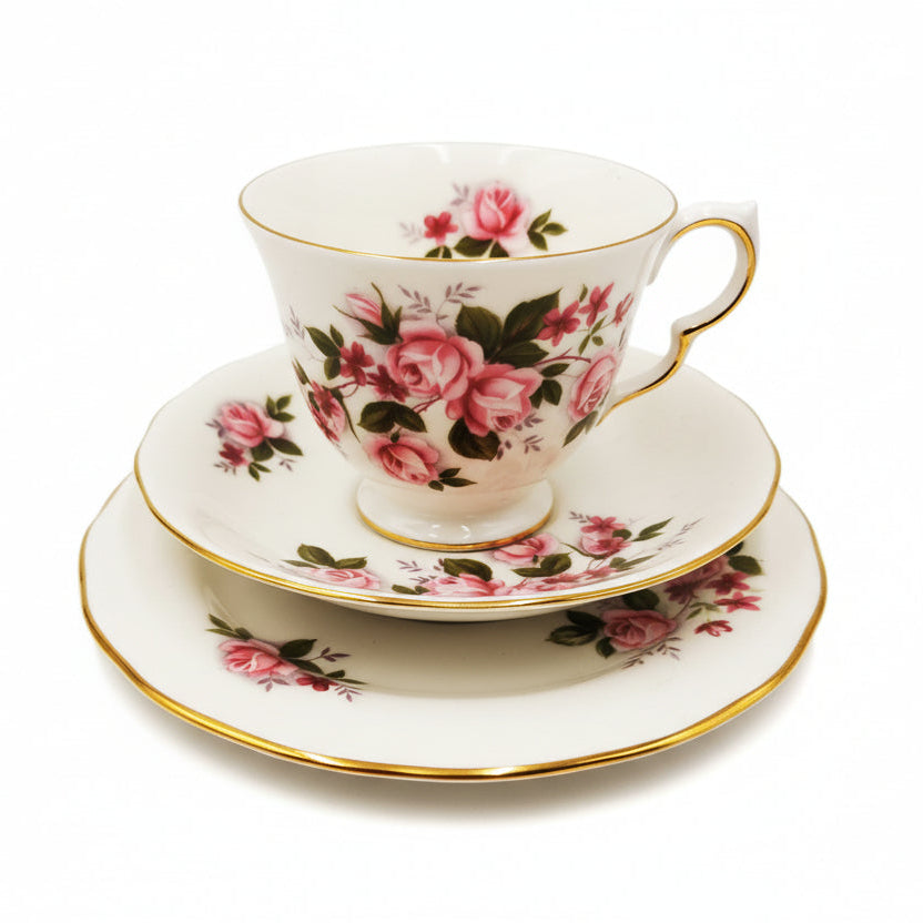 Queen Anne Pink Rose China Teacup Saucer and Side Plate 8575