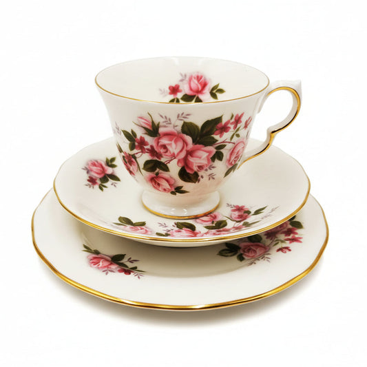 Queen Anne Pink Rose China Teacup Saucer and Side Plate 8575