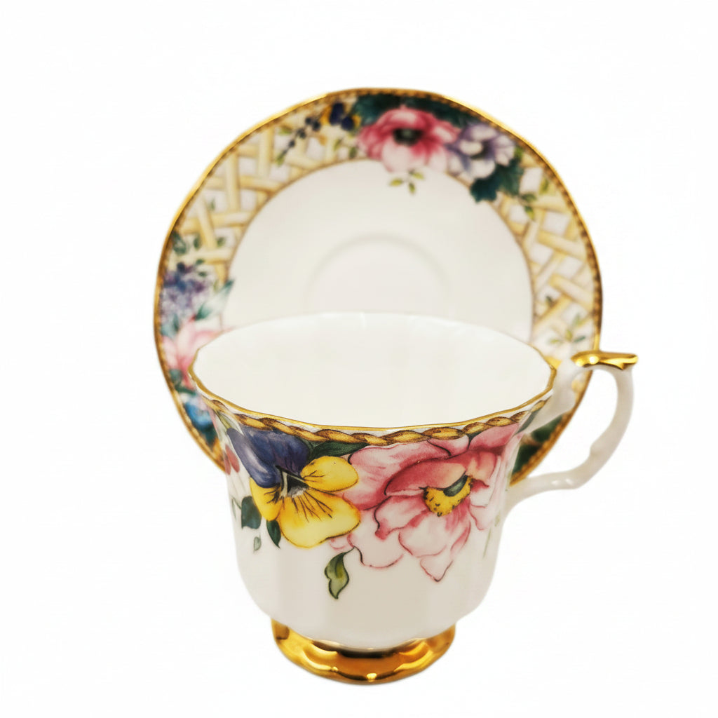 Queen's-China-Lattice-Flowers-Teacup-and-Saucer