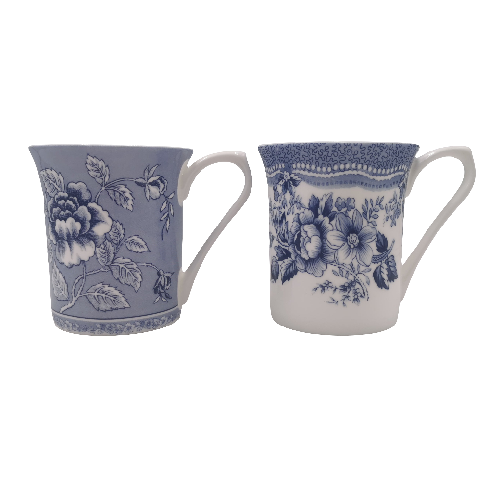 Queens Floral Blue and White China Pair of Porcelain Mugs
