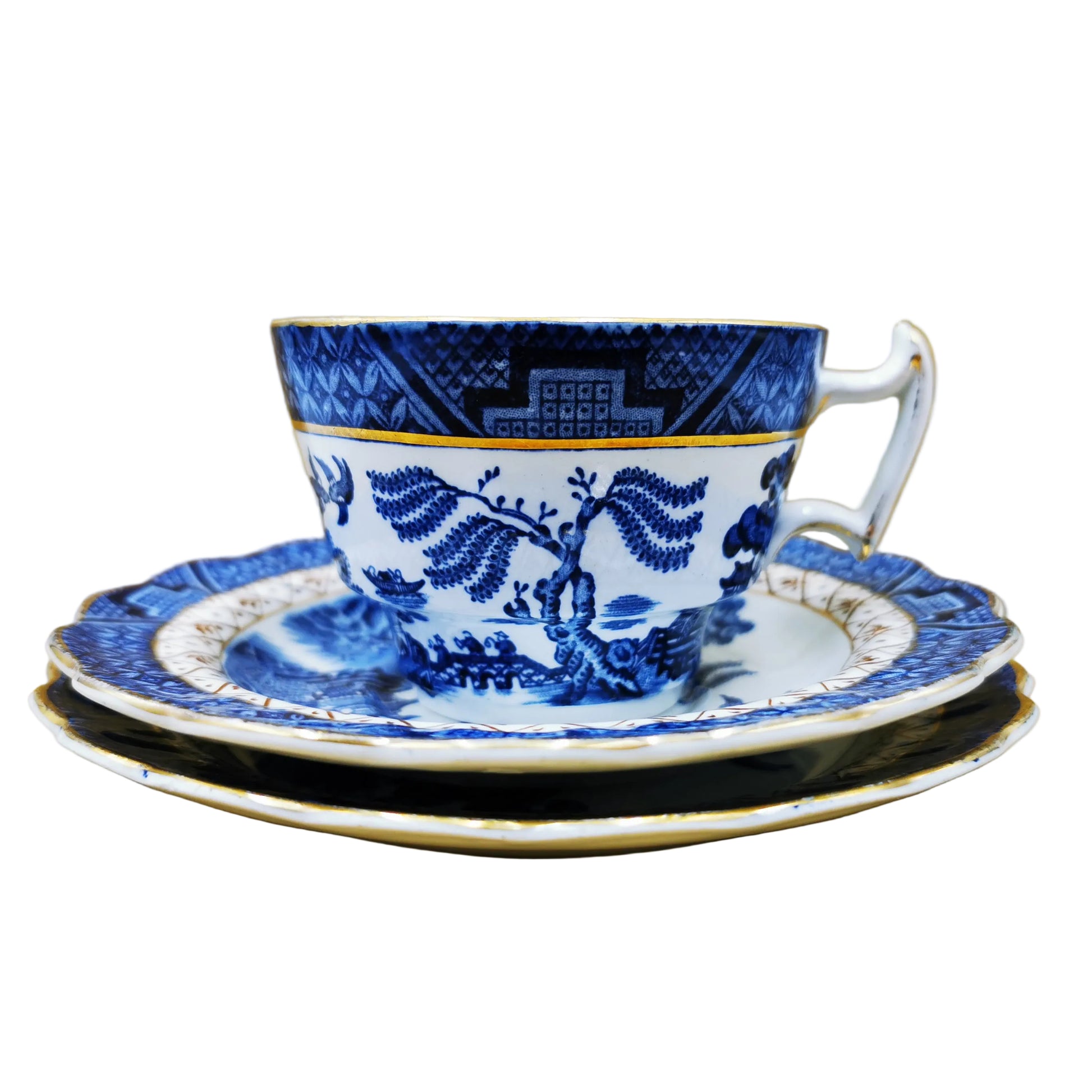 Booths-Real-Old-Willow-Blue-and-White-China-Teacup-Saucer-&-Side-Plate-Trio