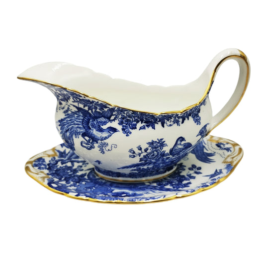 Royal Crown Derby China Blue Aves A1309 Gravy Boat and Saucer