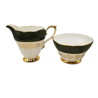 Royal Sutherland Dark Green and Gilt China Sugar Bowl and Milk Jug
