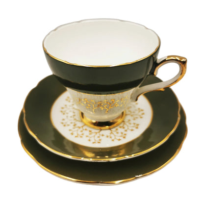 Royal Sutherland Dark Green and Gilt China Teacup Trio