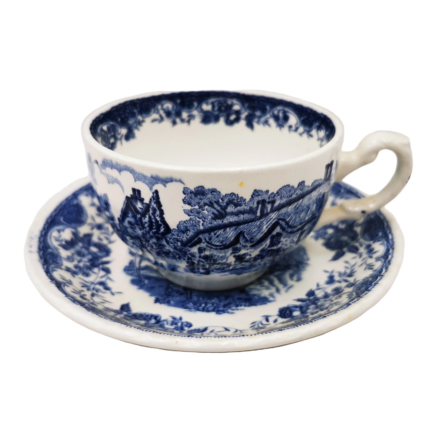 Royal Tudor Ware Olde England Blue & White China Teacup and Saucer
