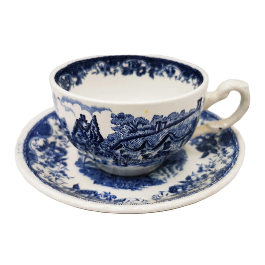 Royal Tudor Ware Olde England Blue & White China Teacup and Saucer