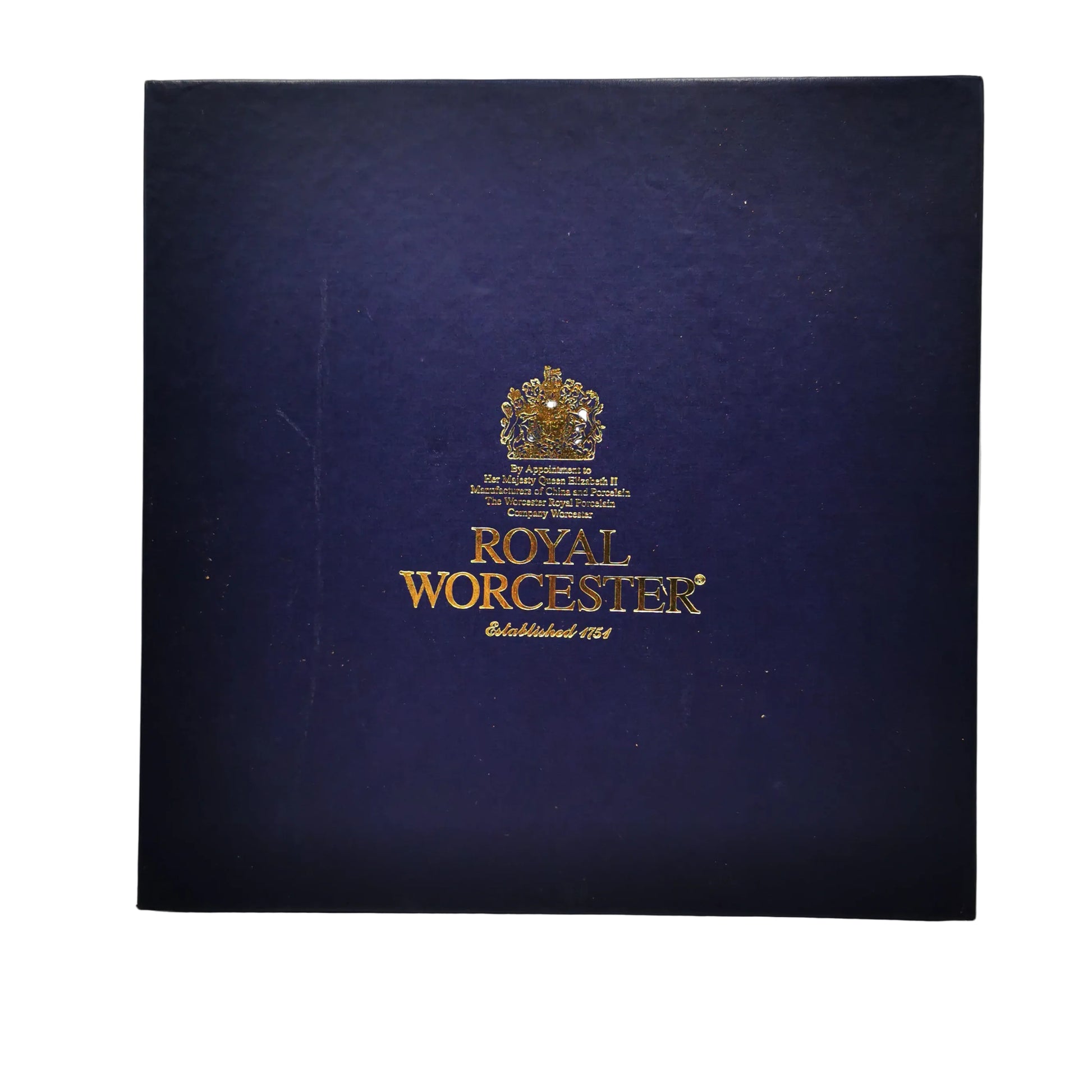 Blue box with gold text and logo of Royal Worcester on a white background