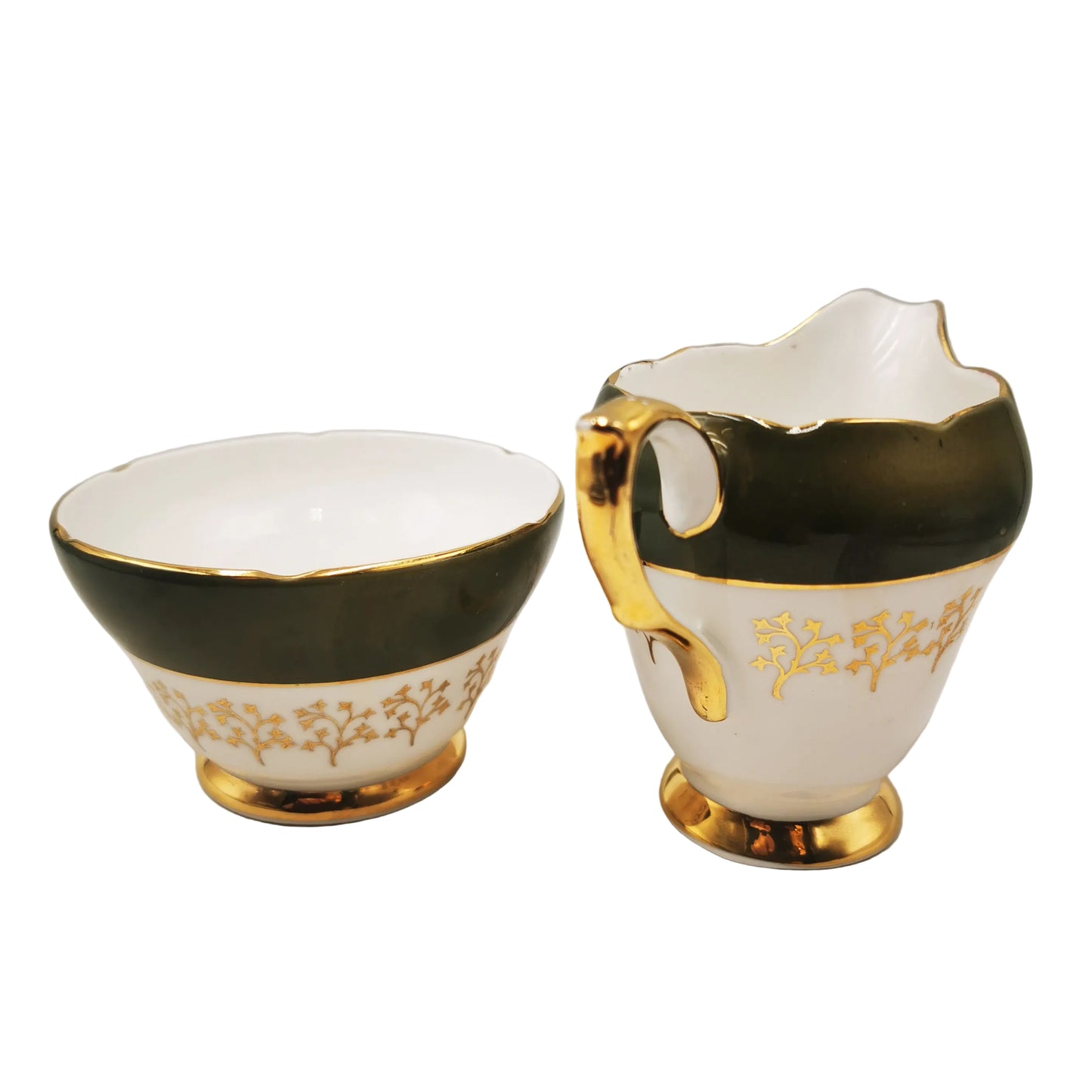 Royal Sutherland Dark Green and Gilt China Sugar Bowl and Milk Jug