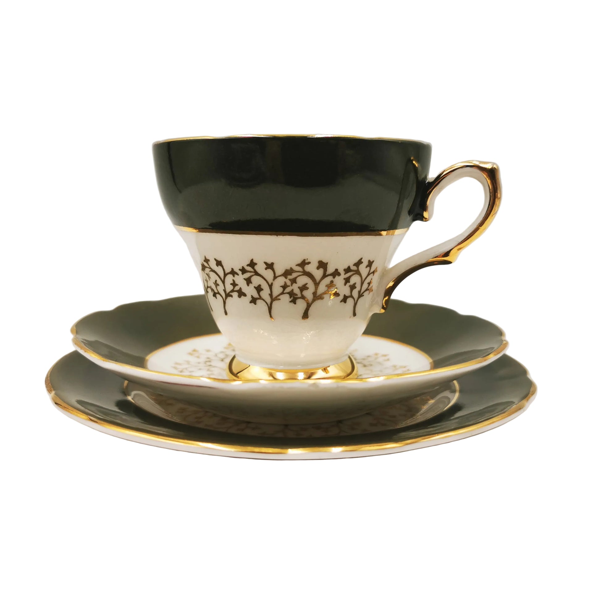 Royal Sutherland Dark Green and Gilt China Teacup Trio