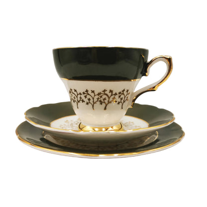 Royal Sutherland Dark Green and Gilt China Teacup Trio