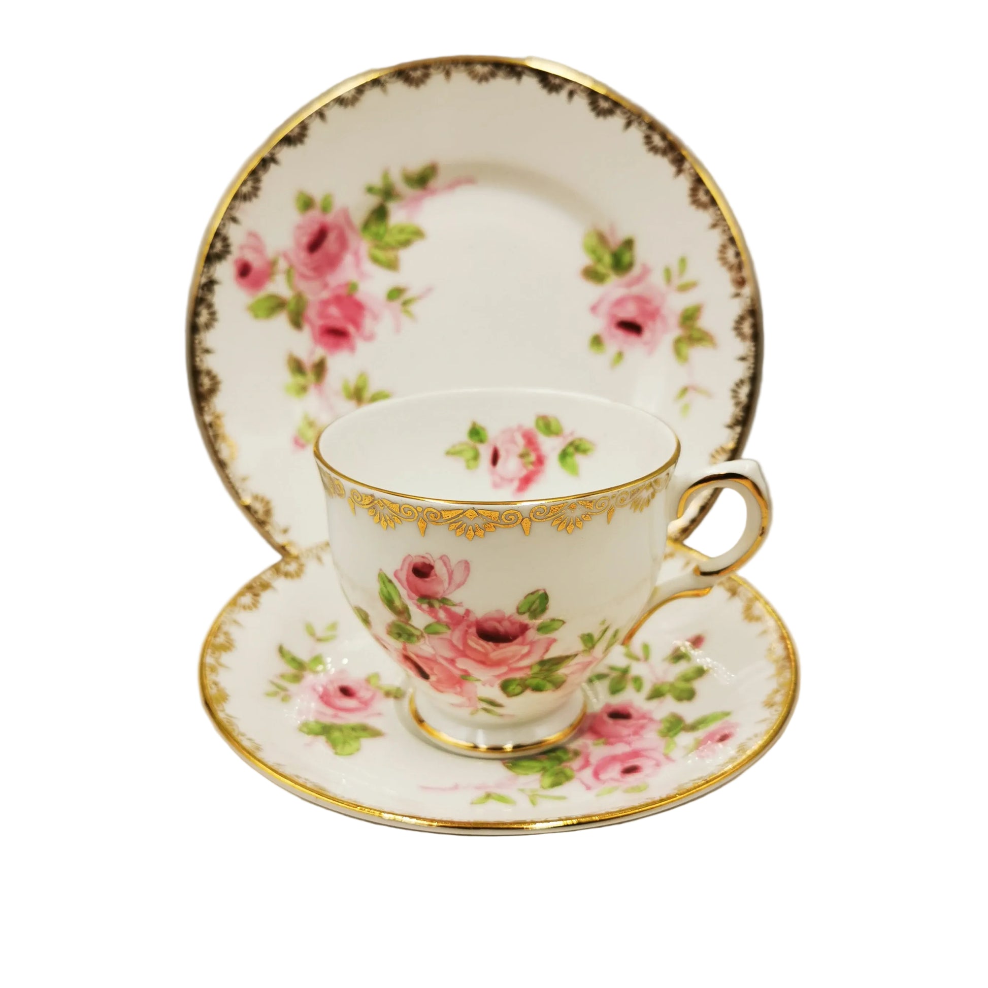 Salisbury-Floral-Pink-Rose-China-Teacup-Saucer-&-Side-Plate-1633