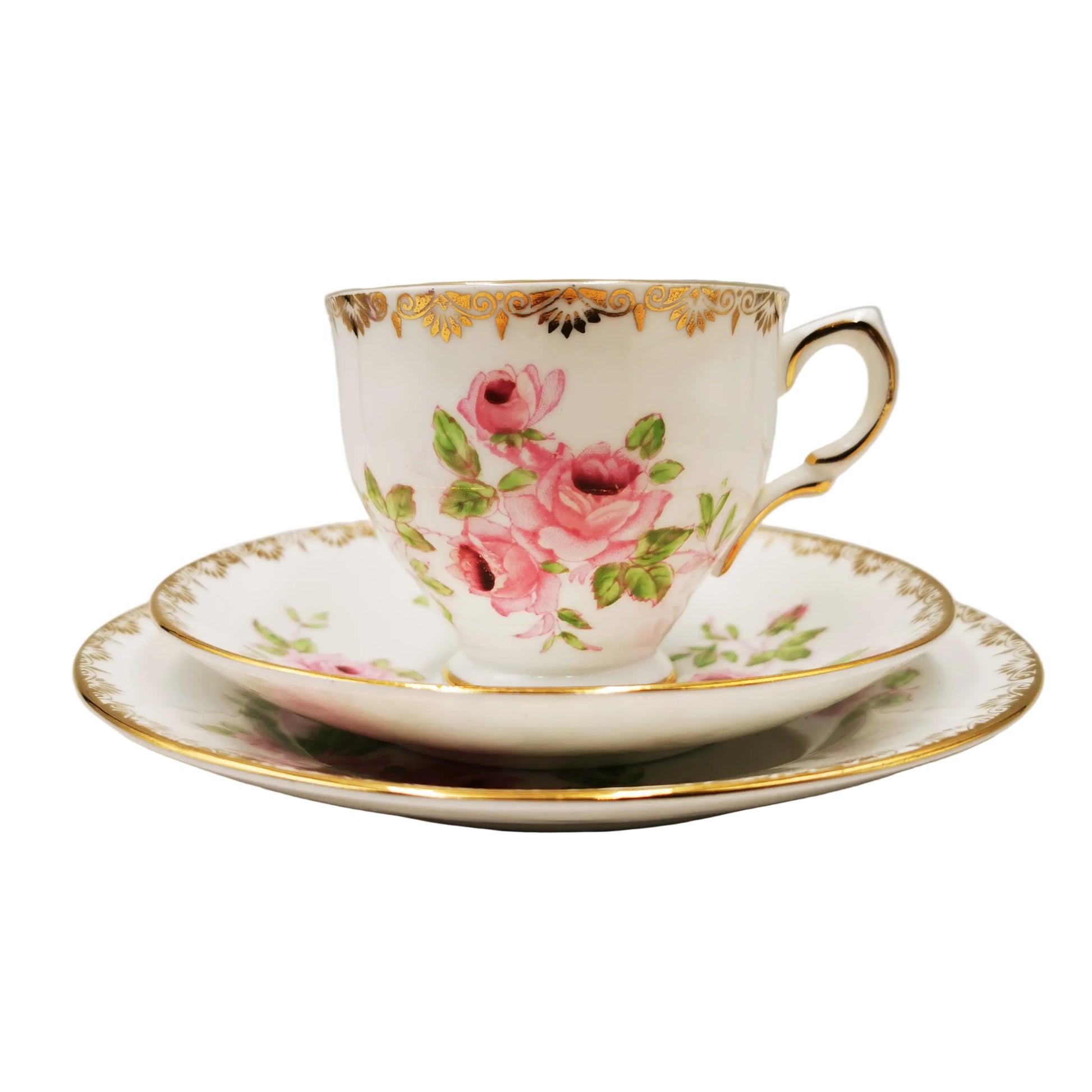 Salisbury-Floral-Pink-Rose-China-Teacup-Saucer-&-Side-Plate-1633