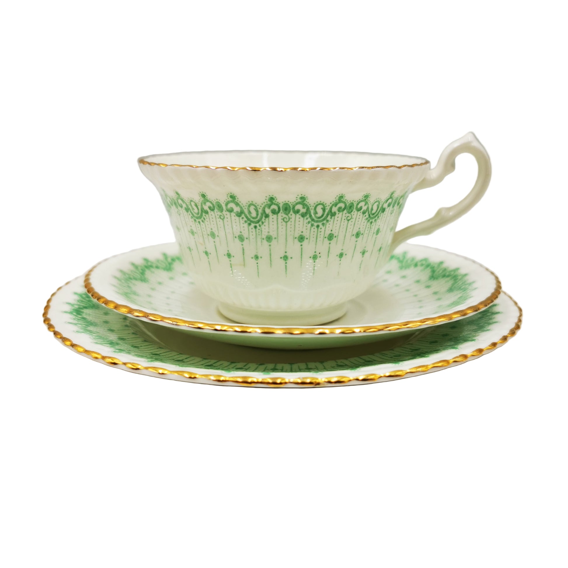 Samuel Radford 943 Green and White China Teacup Saucer and Side Plate