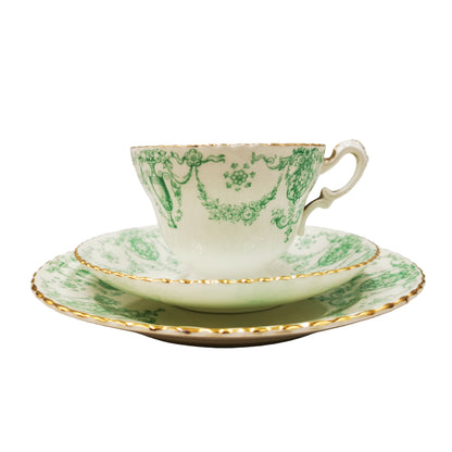 Samuel Radford Sandon 1645 Green and White China Teacup Saucer and Side Plate