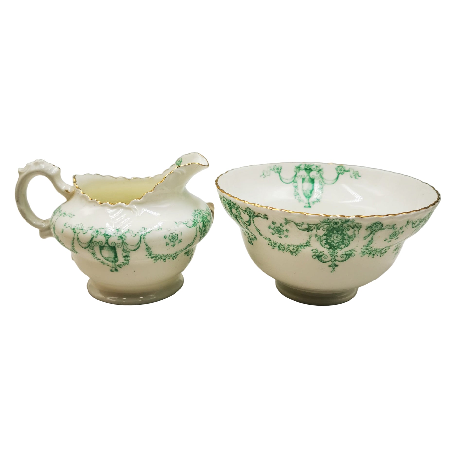 Samuel Radford Sandon 1645 Green and White China Sugar Bowl and Milk Jug