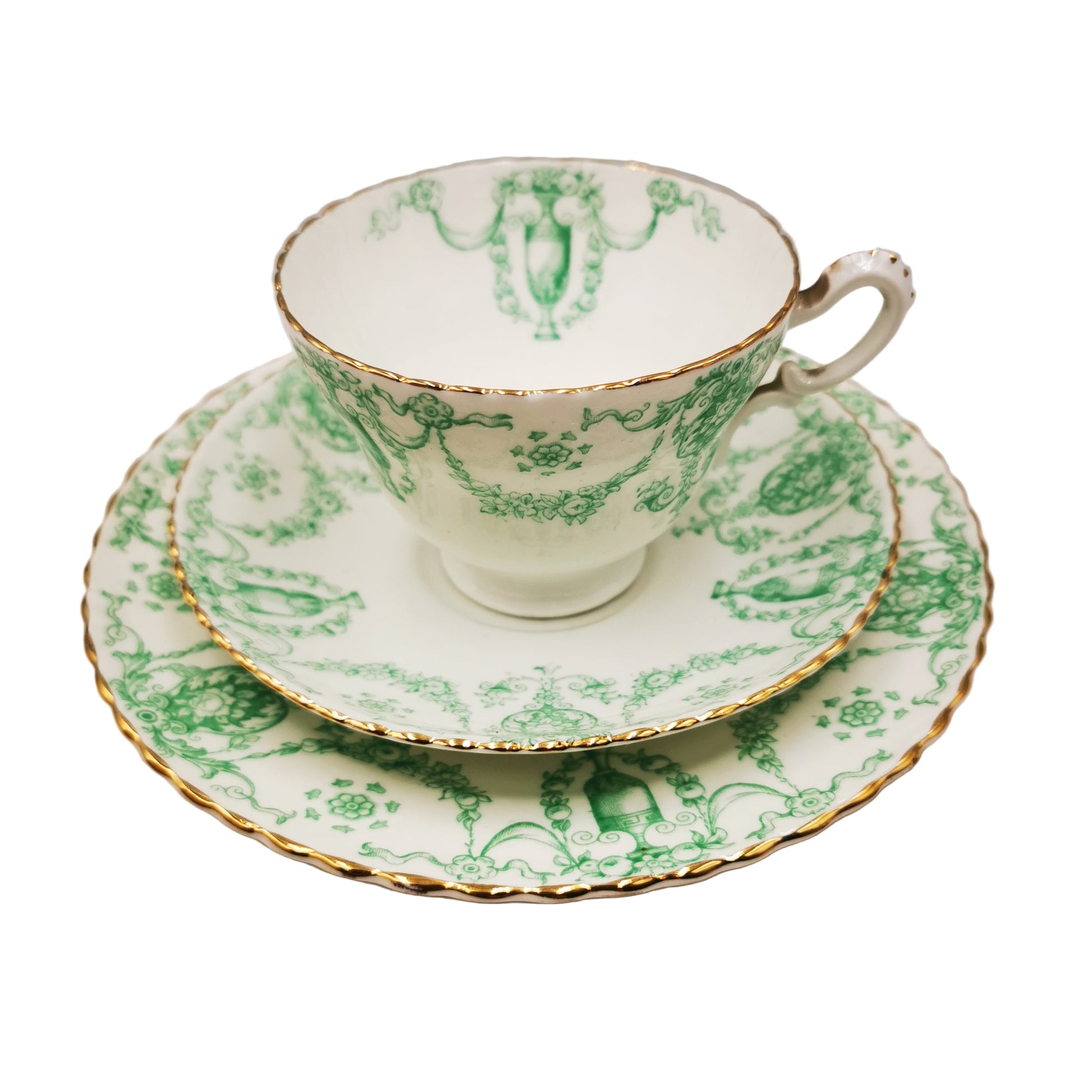 Samuel Radford Sandon 1645 Green and White China Teacup Saucer and Side Plate