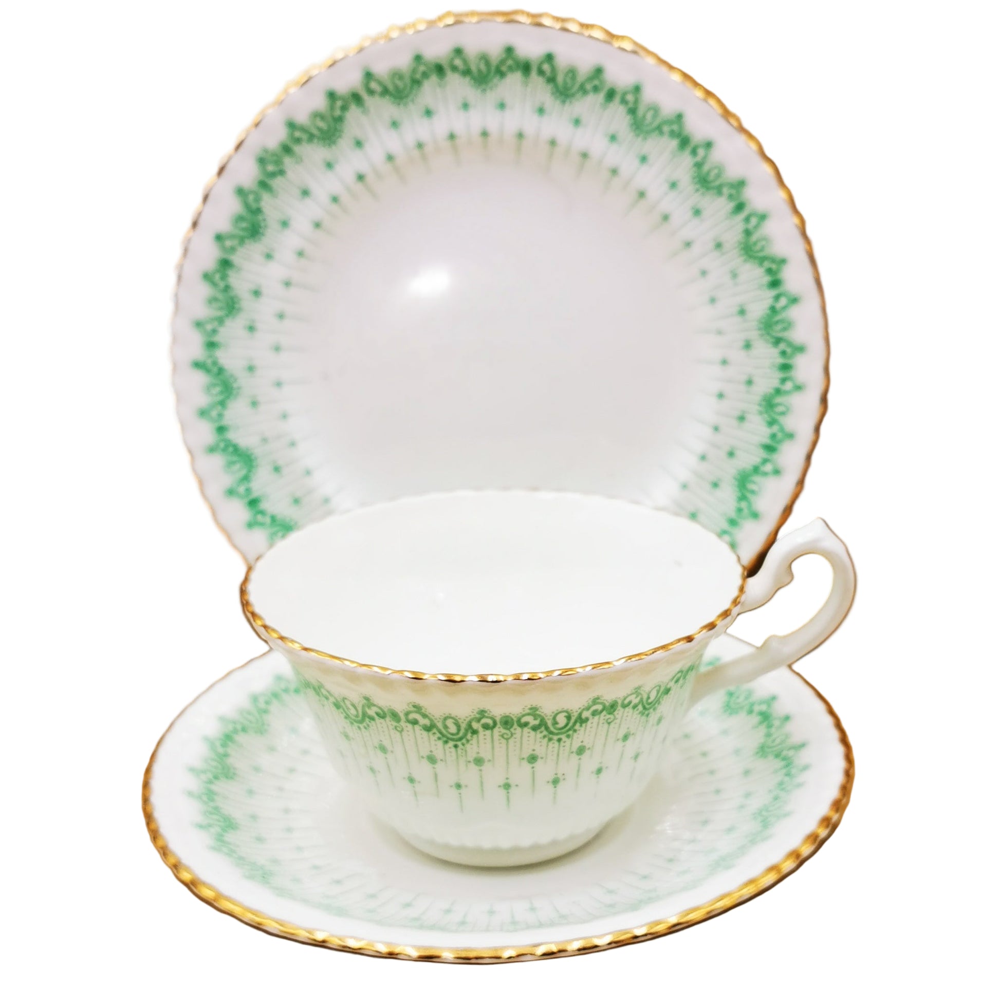 Samuel Radford 943 Green and White China Teacup Saucer and Side Plate