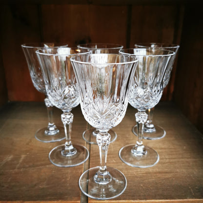 Set of Six Crystal Medium Facet Stem Tulip Bowl White Wine Glasses