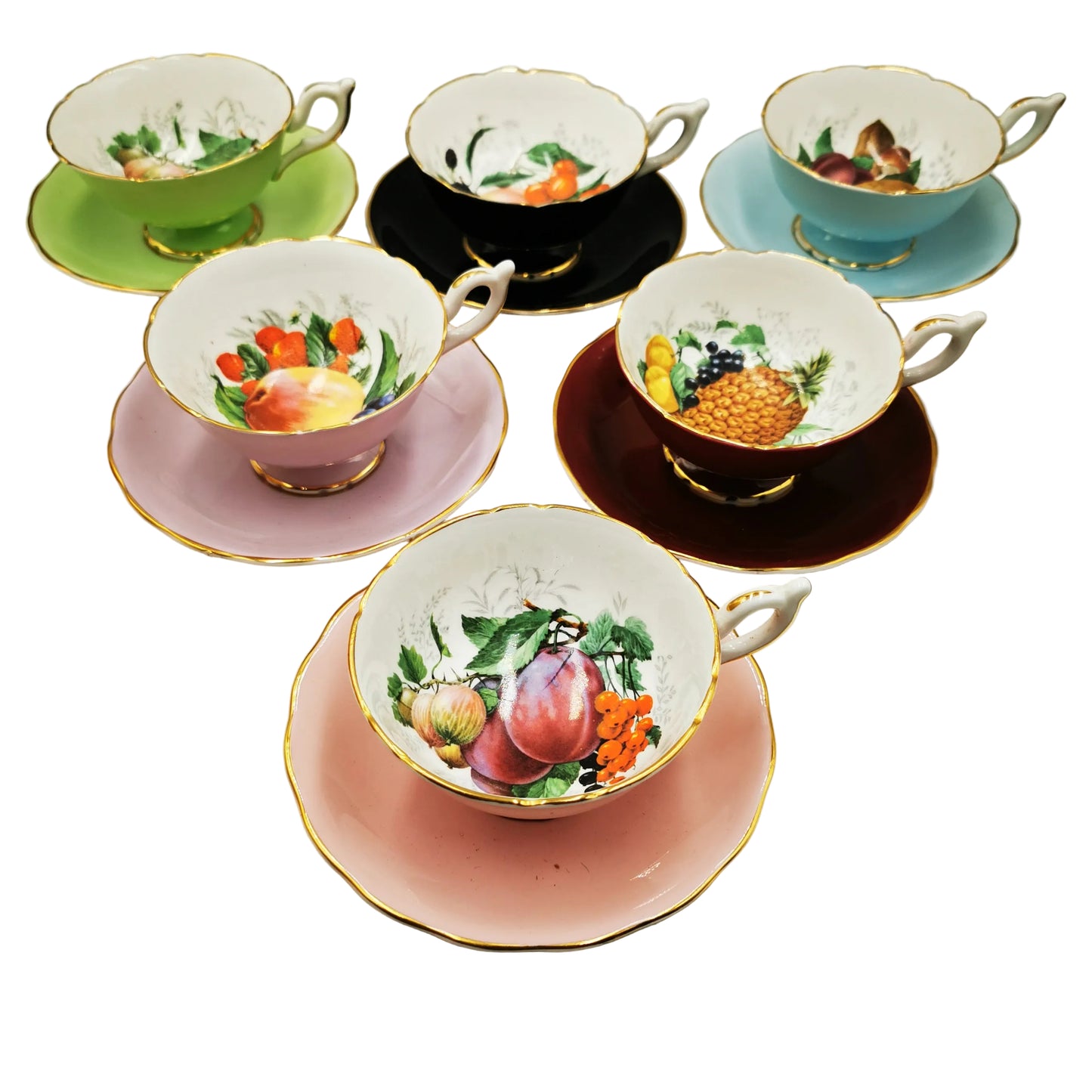A-Set-of-Six-Fruit-&-floral-China-Teacup-&-Saucers