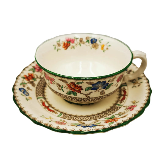 Spode China Chinese Rose Green Rim Large Teacup and Saucer
