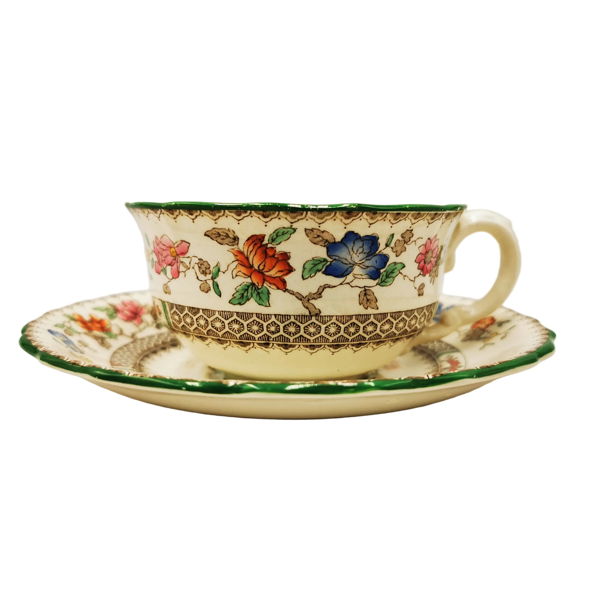 Spode-China-Chinese-Rose-Green-Rim-Large-Teacup-and-Saucer