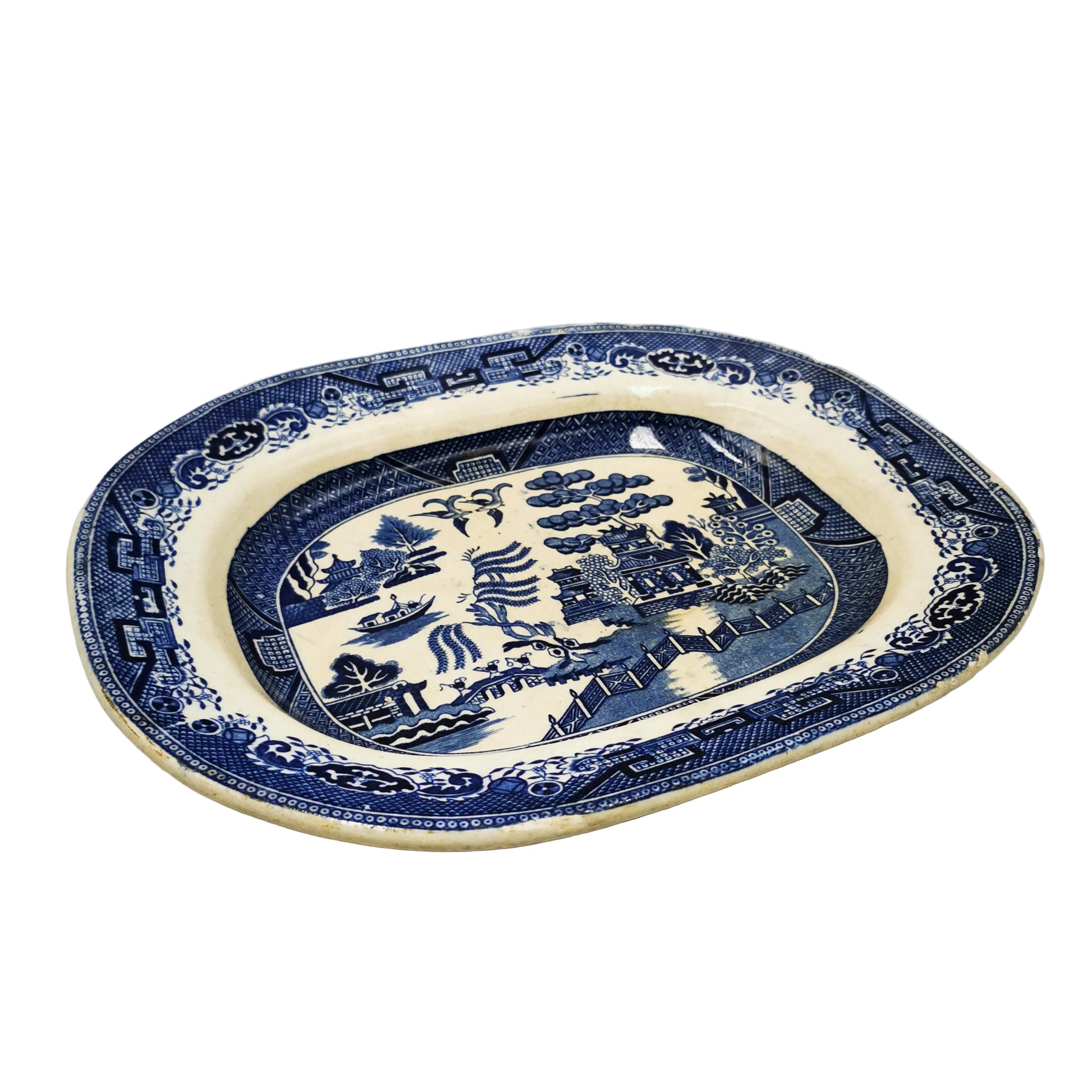 Antique-Staffordshire-Blue-and-White-China-Willow-13-inch-Platter-Dish