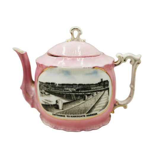 Vintage Pink Lustre Pink Oval Teapot With A Picture of Ramsgate Harbour