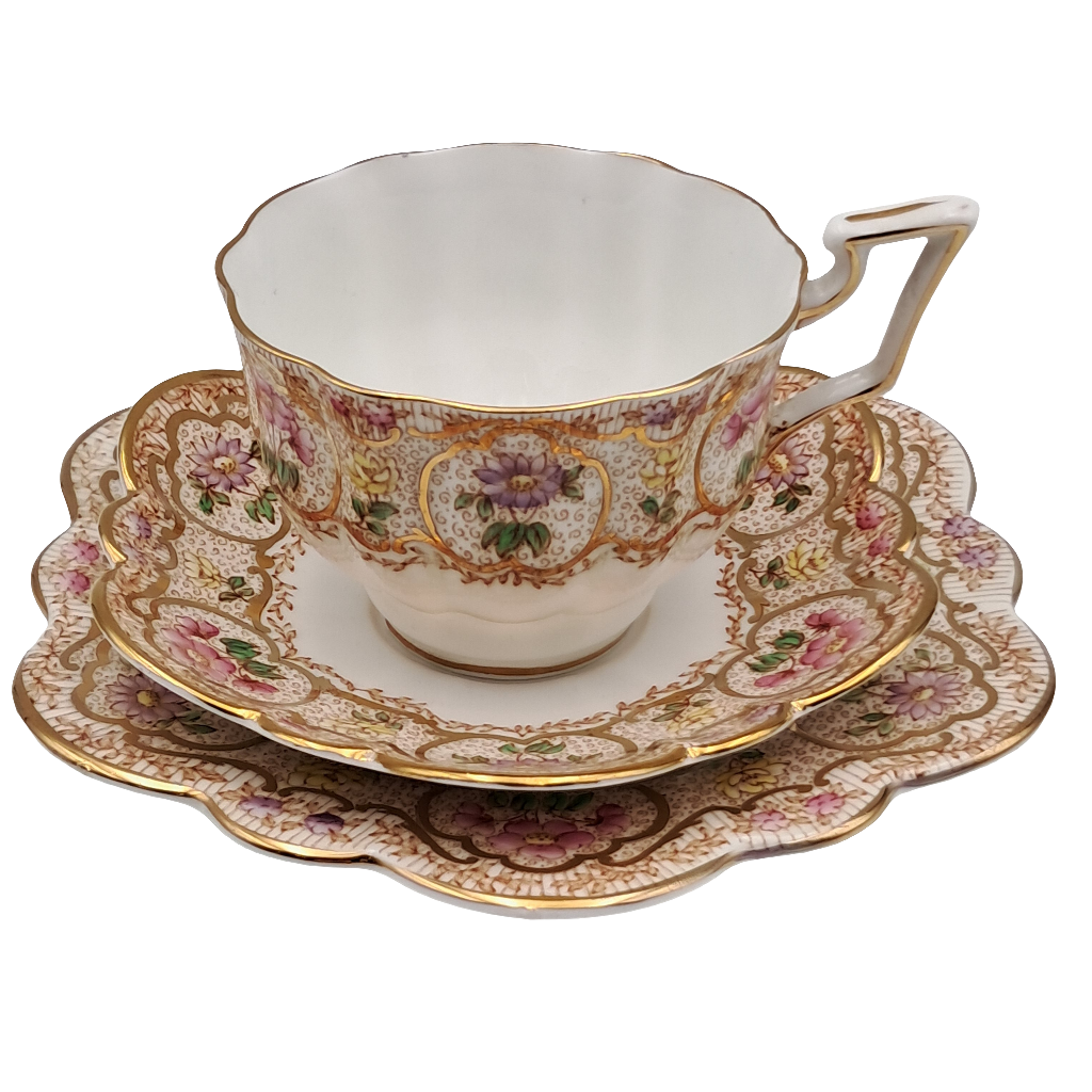 Vintage Salisbury very Rare Decorative Floral and Gilt China Teacup, Saucer and Side Plate Trio