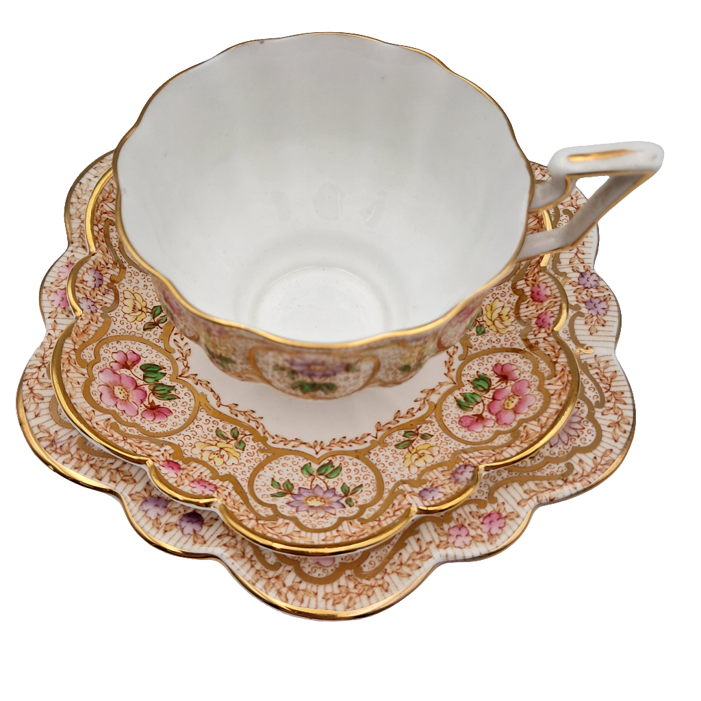Vintage Salisbury very Rare Decorative Floral and Gilt China Teacup, Saucer and Side Plate Trio 2