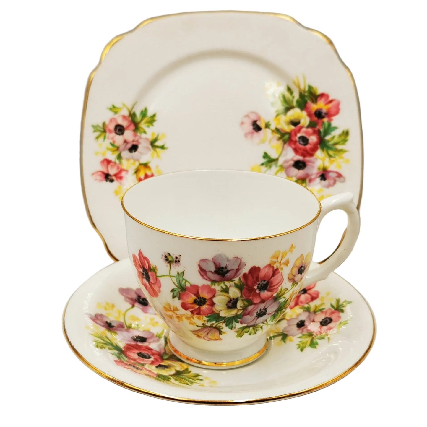 Windsor Bone China Anemone Bouquet Teacup Saucer and Side Plate