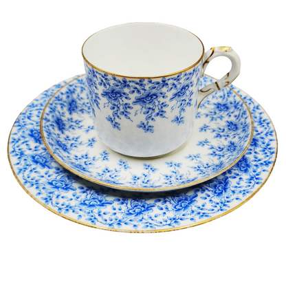 Antique Royal Worcester W3824 Blue and White China Coffee Cup Saucer and Side Plate