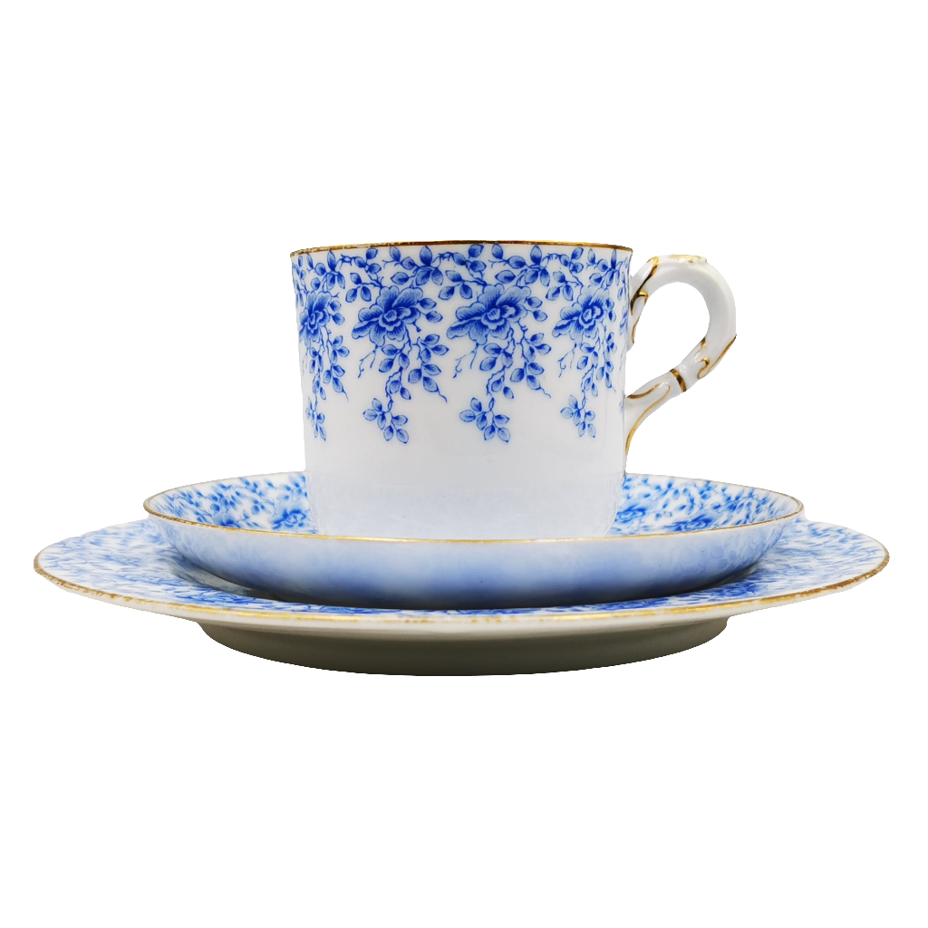 Antique Royal Worcester W3824 Blue and White China Coffee Cup Saucer and Side Plate