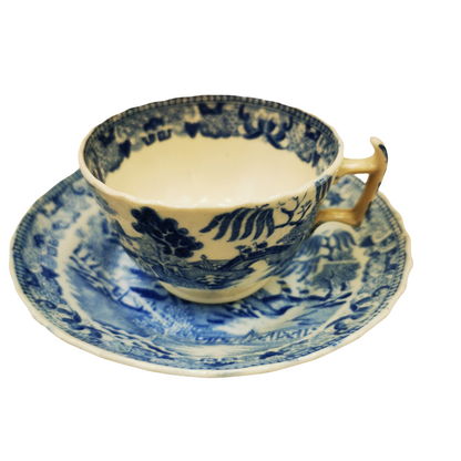 Antique English Blue and White Porcelain China Temples Tea Cup & Saucer