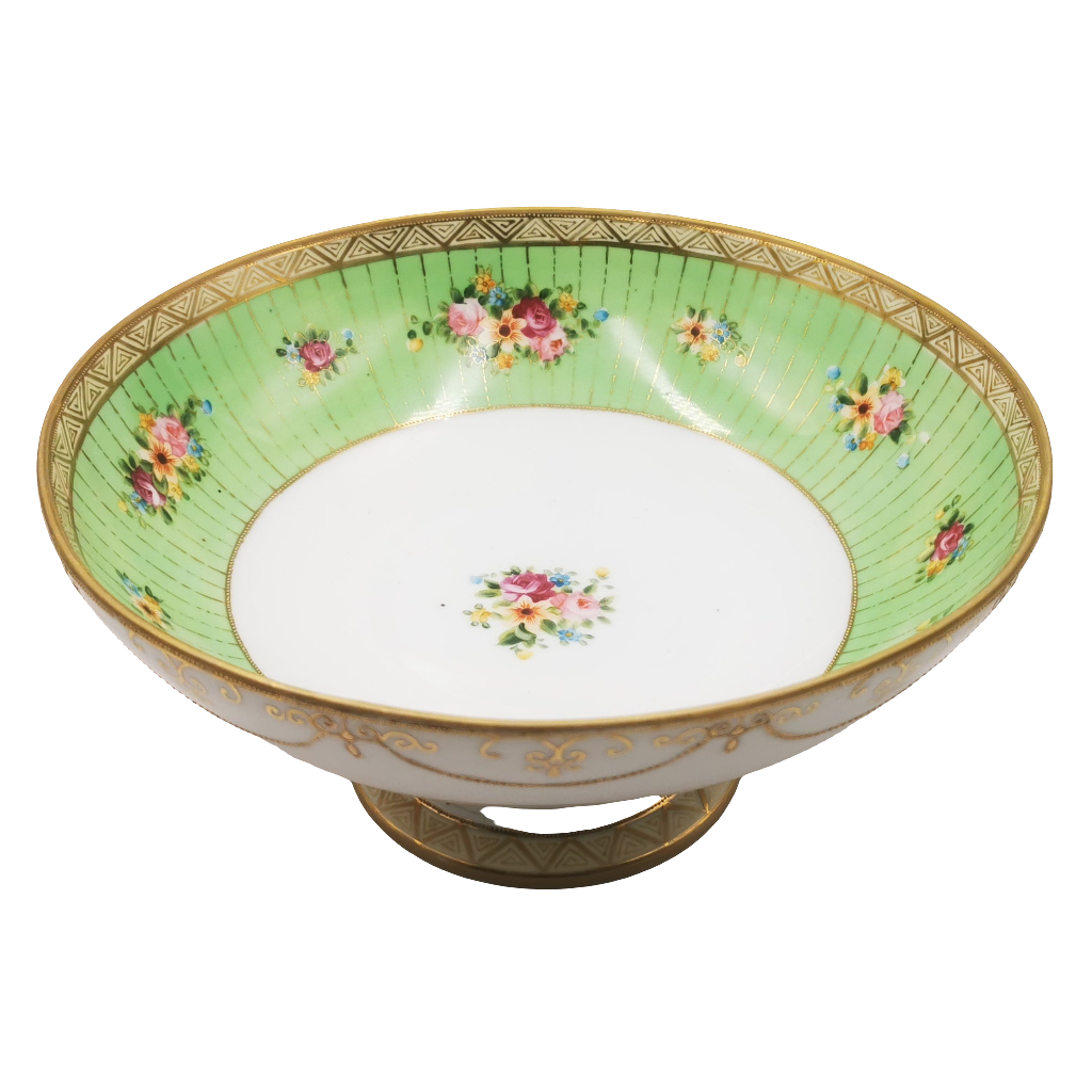 Antique Hand Painted Green and Gilt Floral Fruit Stand