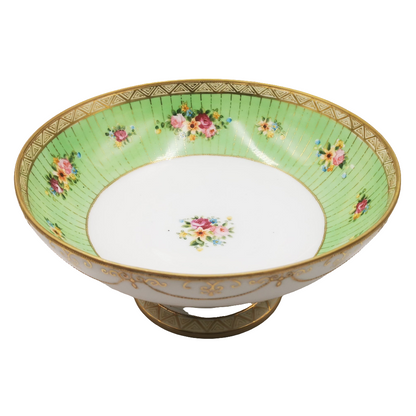 Antique Hand Painted Green and Gilt Floral Fruit Stand