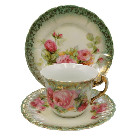 Antique Beyer and Bock Floral porcelain China Teacup Saucer and Side Plate