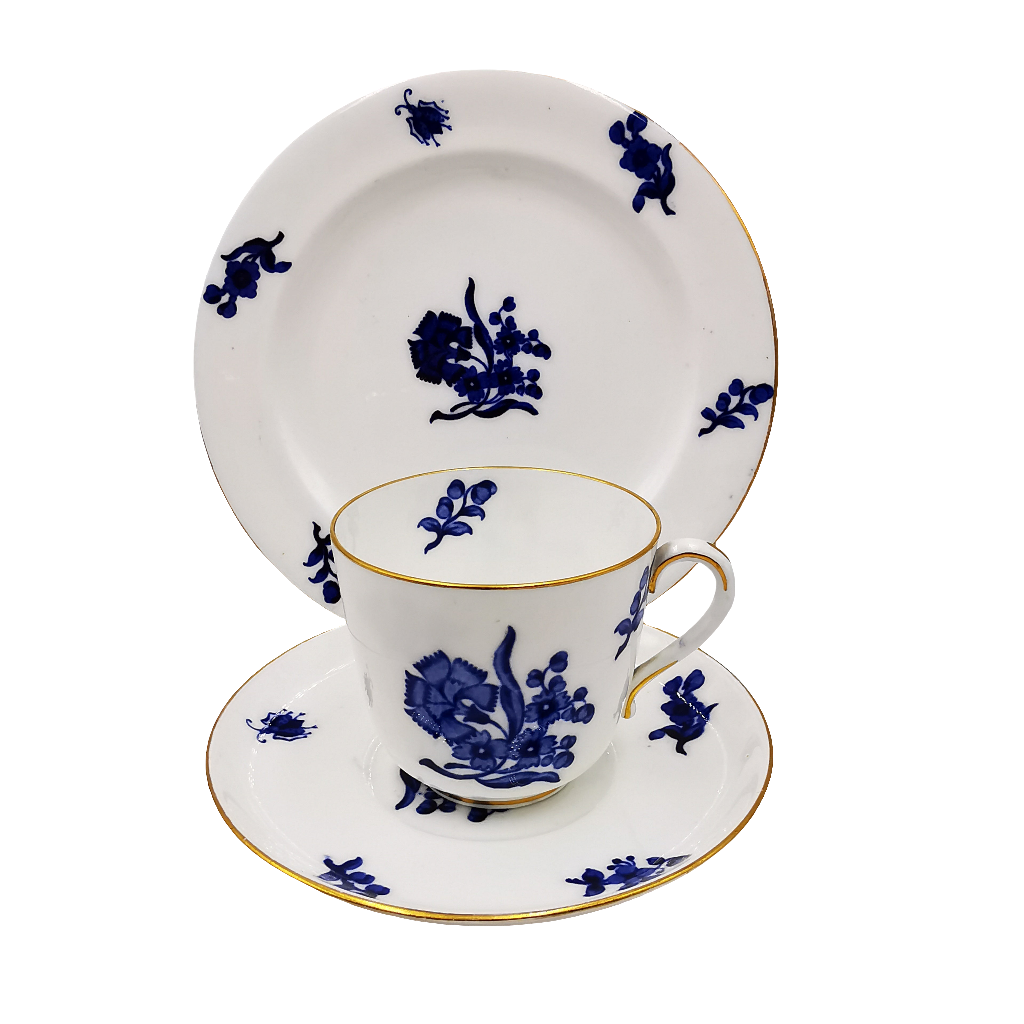Royal Crown Derby China Blue Carnation Teacup, Saucer and Side Plate