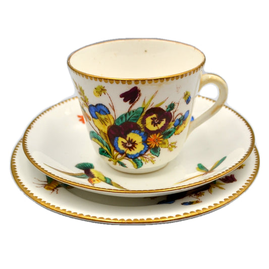 Antique Hand Painted Pansies and Birds Porcelain China Teacup Trio