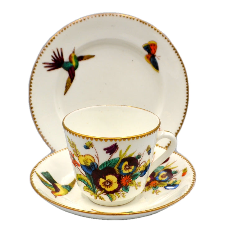 Antique Hand Painted Pansies Birds & Butterfly Porcelain Cabinet China Teacup Trio