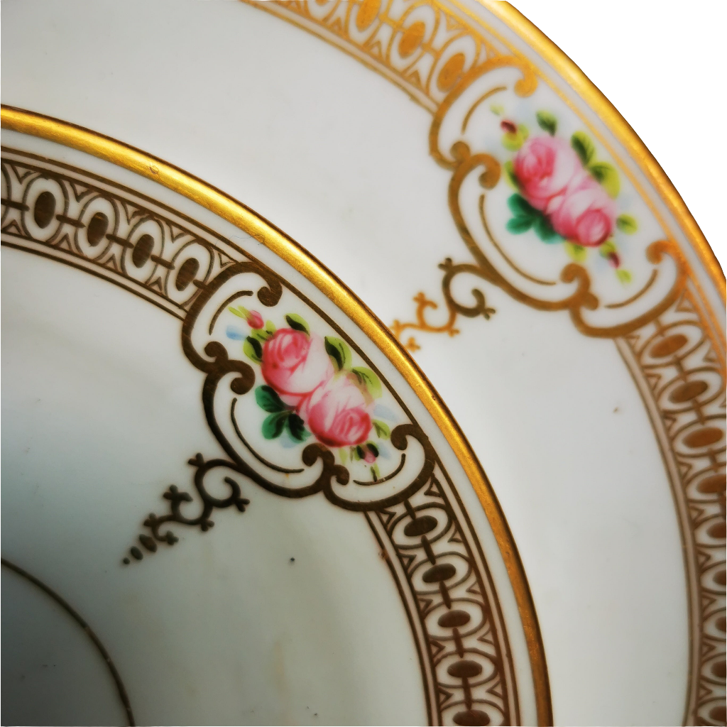 Antique Rose Bud Floral Porcelain and Gilt China Hand Decorated Teacup Saucer Side and Dessert Plate Set