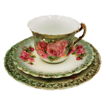 Antique Beyer and Bock Floral porcelain China Teacup Saucer and Side Plate