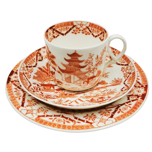 Antique Grainger's Worcester China Two Temples Teacup, Saucer and Side Plate