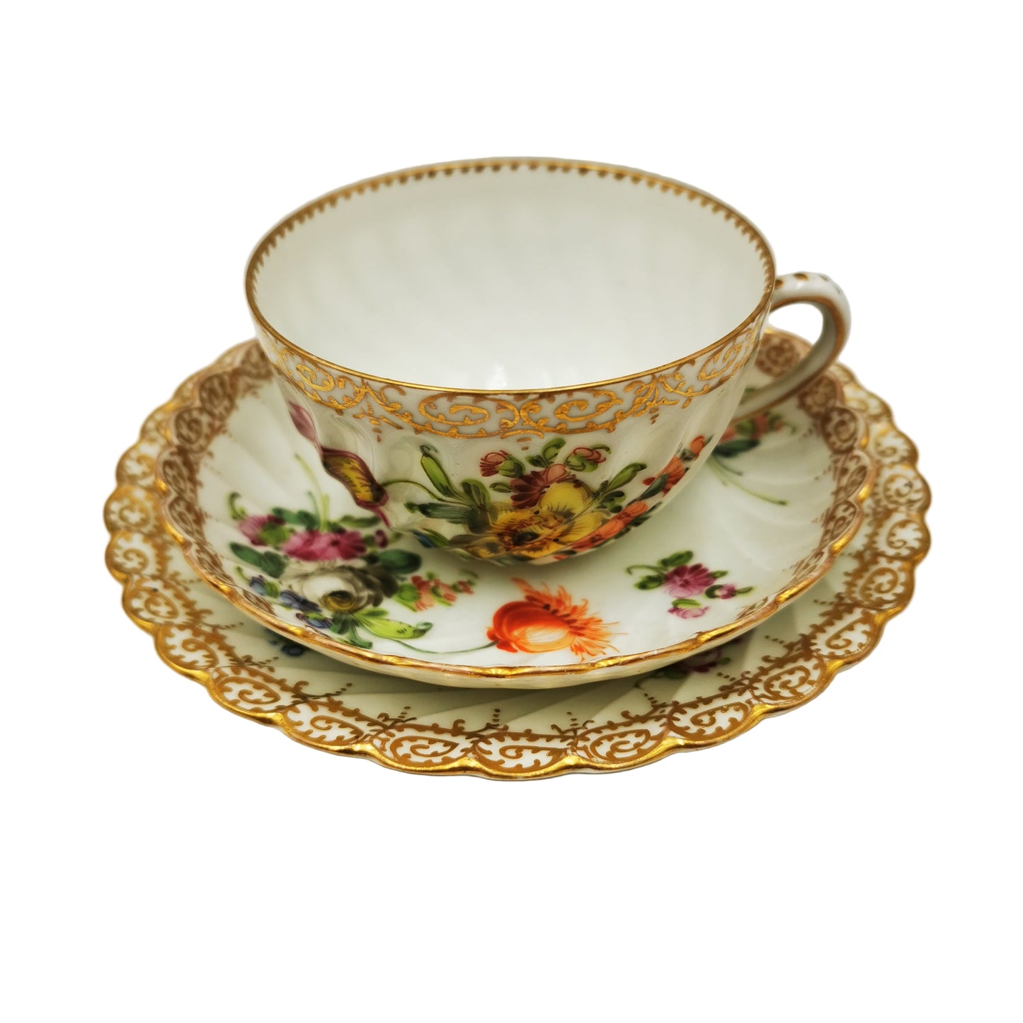 Antique Dresden China Hand Painted Floral Sprays 278 Teacup Saucer and Side Plate