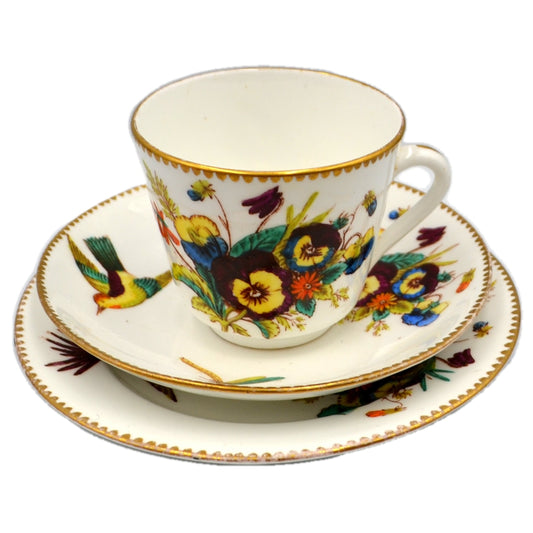 Antique Hand Painted Pansies Birds & Butterfly Porcelain Cabinet China Teacup Trio