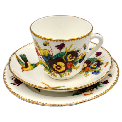 Antique Hand Painted Pansies Birds & Butterfly Porcelain Cabinet China Teacup Trio